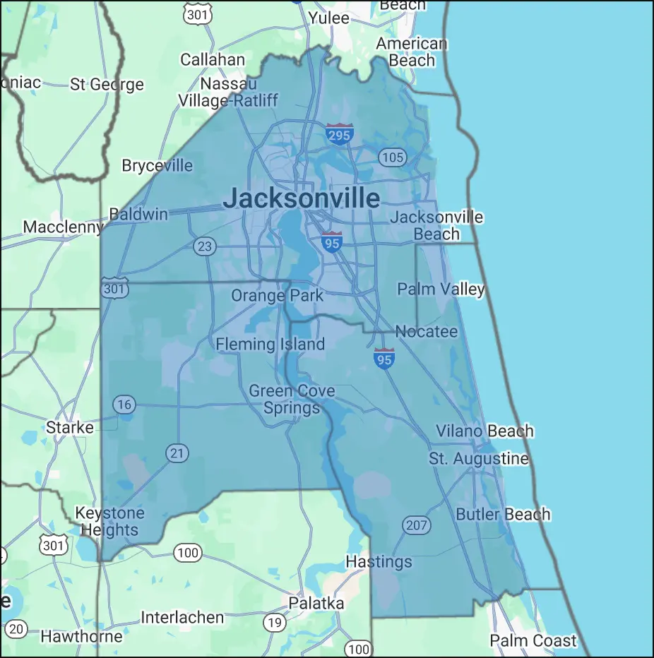Service Areas Map showing Jacksonville, Green Cove Springs, Keystone Heights, and St. Augustine